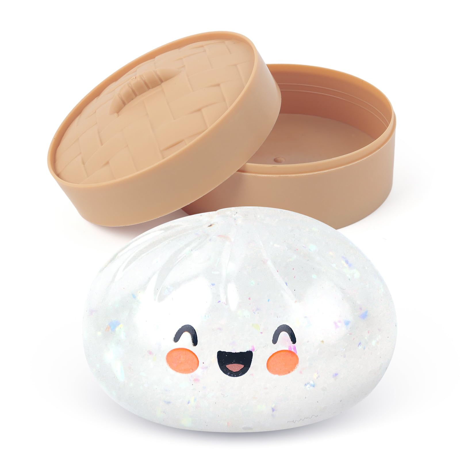 Glitter Dumpling Squishy with Steamer, Squishy Dumplings Sensory Fidget Toy, Squeeze Toys for Relaxation (White)