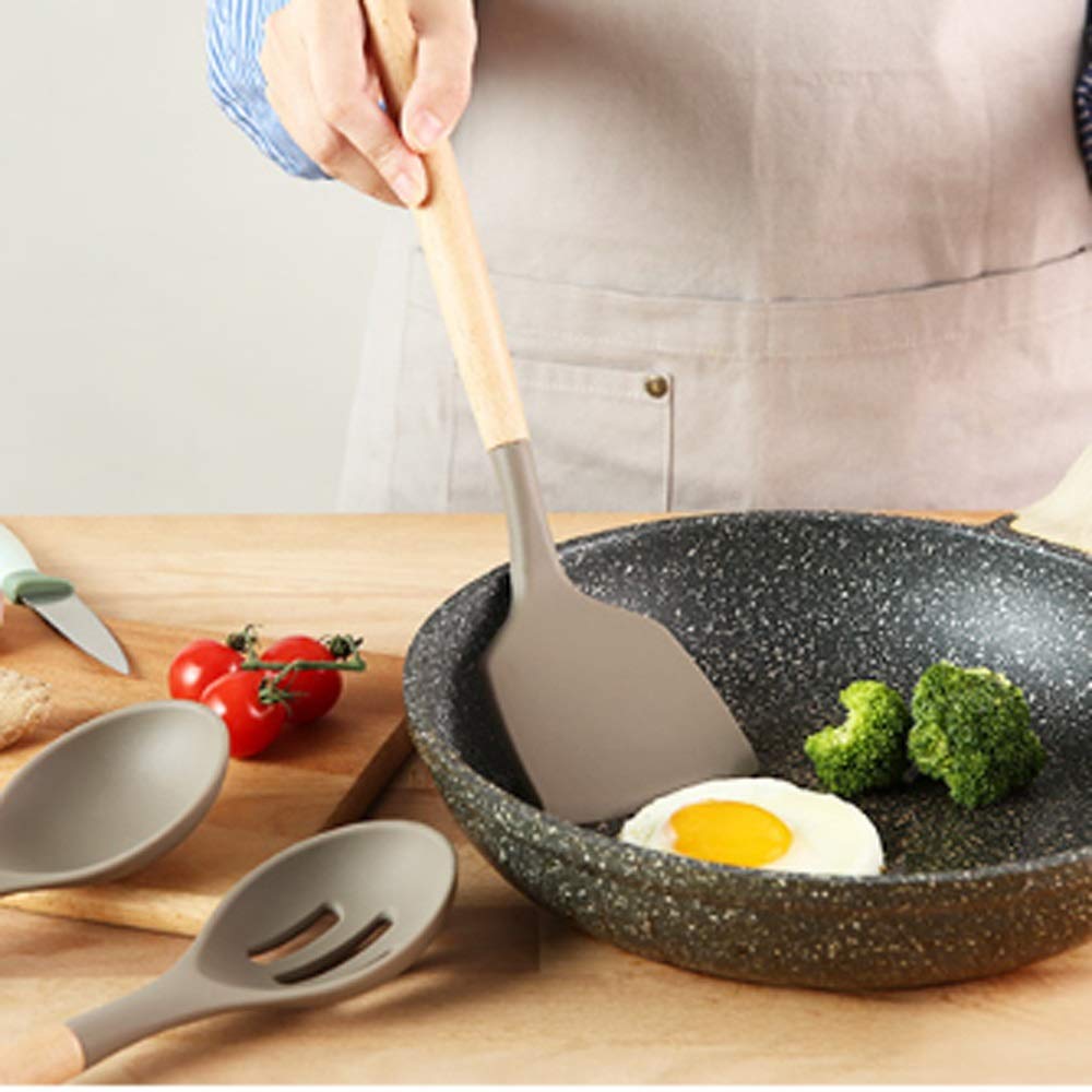 SKUZA Juego de Utensilios de Cocina, Pala de plástico, Cuchara, Cuchara ranurada, Cuchara Antiadherente de Silicona de Grado alimenticio, Mango de Madera de Haya, Juego de Cuchara y Cuchara
