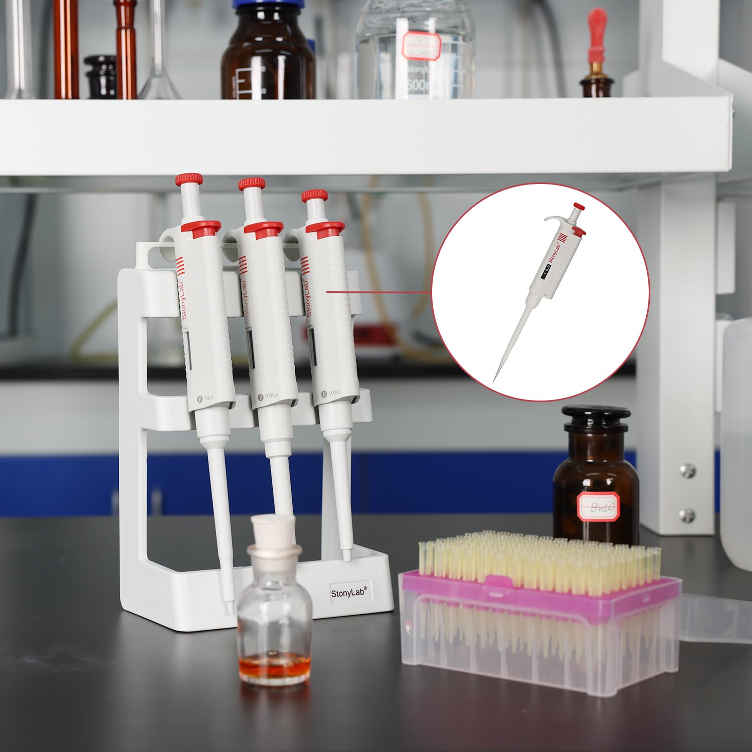 stonylab Controlador de Pipeta Monocanal, Micropipeta de Volumen Variable Ajustable con Cono de Punta Autoclavable, Single Channel Pipette para Investigación de Laboratorio, 100-1000µL