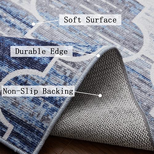 Royhome Area Rug 8' X 10' Machine Washable Abstract Moroccan Rug Contemporary Geometric Ogee Trellis Rug Indoor Floor Cover Foldable Carpet Rug Accent Rug For Living Room Bedroom Dining Room, Navy #TOP2