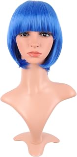 MapofBeauty 12 Inch /30 cm Fashion Lady Short Straight Synthetic Flat Bangs Bob Wig (Bright Blue)