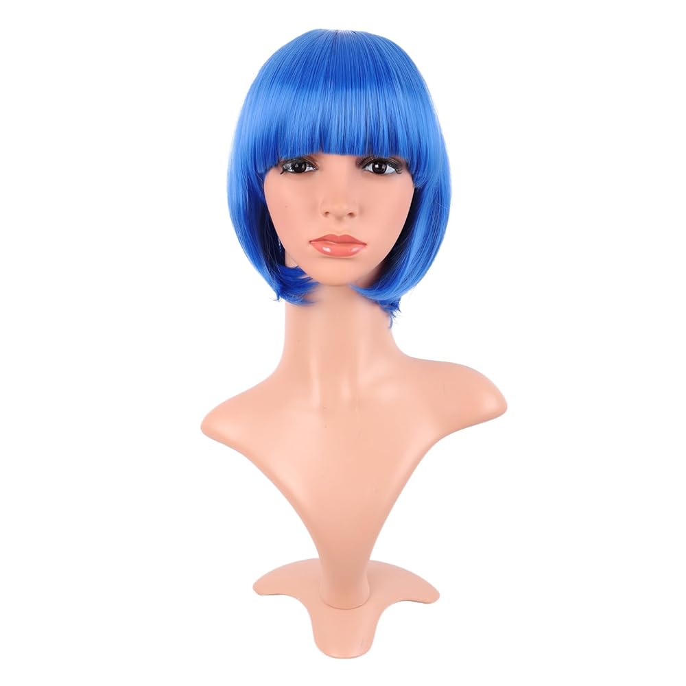 MapofBeauty 12 Inch /30 cm Fashion Lady Short Straight Synthetic Flat Bangs Bob Wig (Bright Blue)