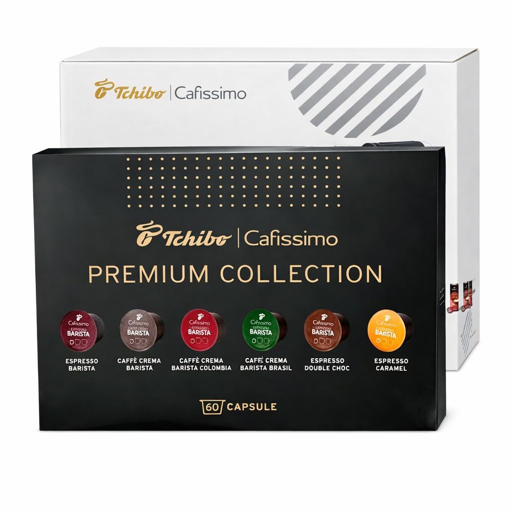 Tchibo CAFISSIMO Pure Plus ekspres do kawy w kolorze czarnym, 1250 W, 800 ml, z 60 kapsułkami z kolekcji Premium, Espresso Barista, Caffè Crema, Kolumbia i Brasil, Espresso Caramel, Double Choc