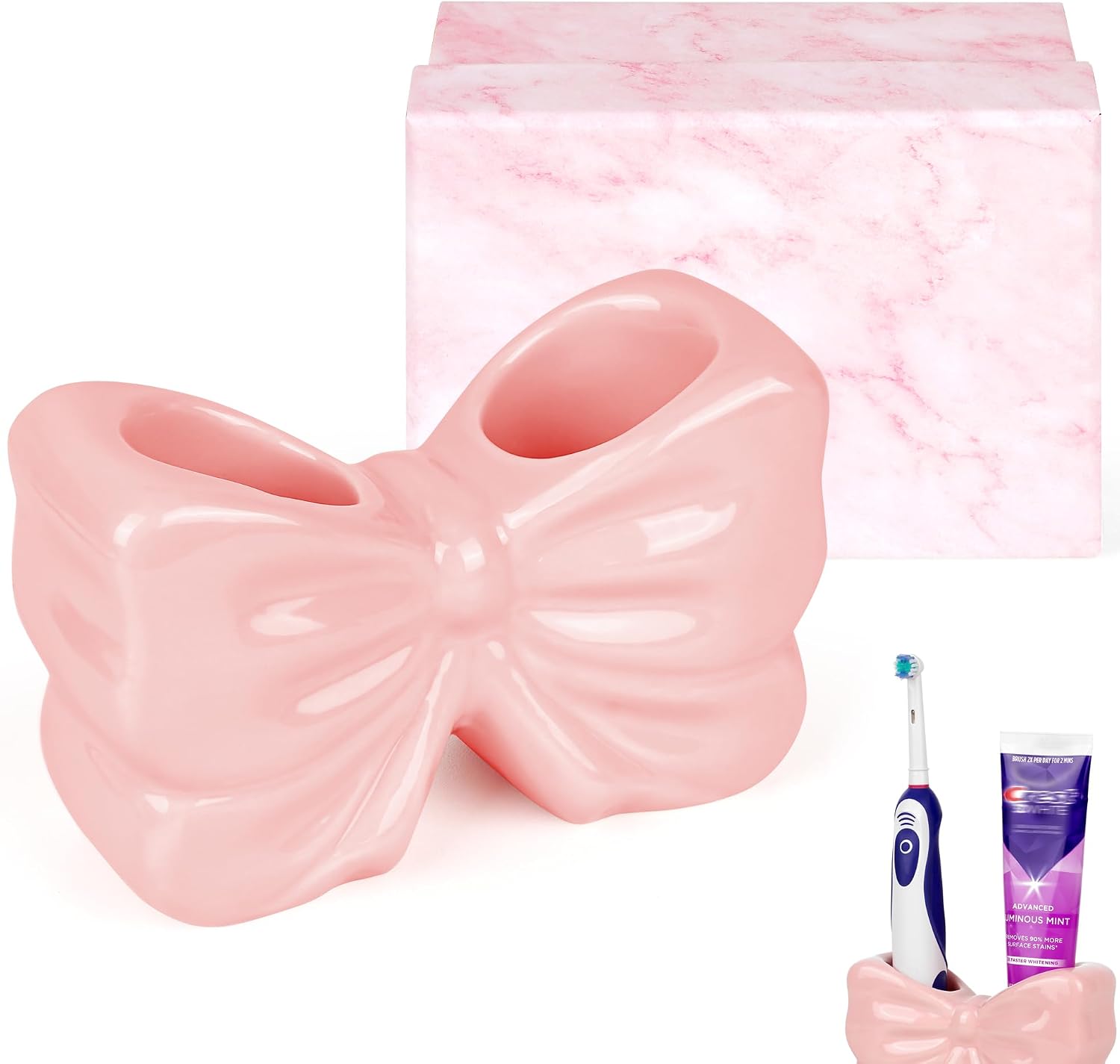 Bow Electric Toothbrush Holder, Ceramic Cute Toothpaste Holder, with Drain Hole Bathroom Countertop Accessories, for Toothpaste, Electric Toothbrush & Replacement Heads (Pink)