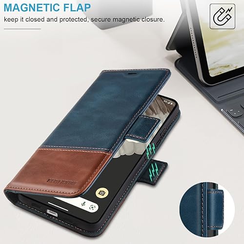 Miniatura 6 de KEZiHOME Funda para Google Pixel 8, piel auténtica bloqueo RFID, funda tipo cartera con tarjetero y función atril para Google Pixel 8 5G (azul