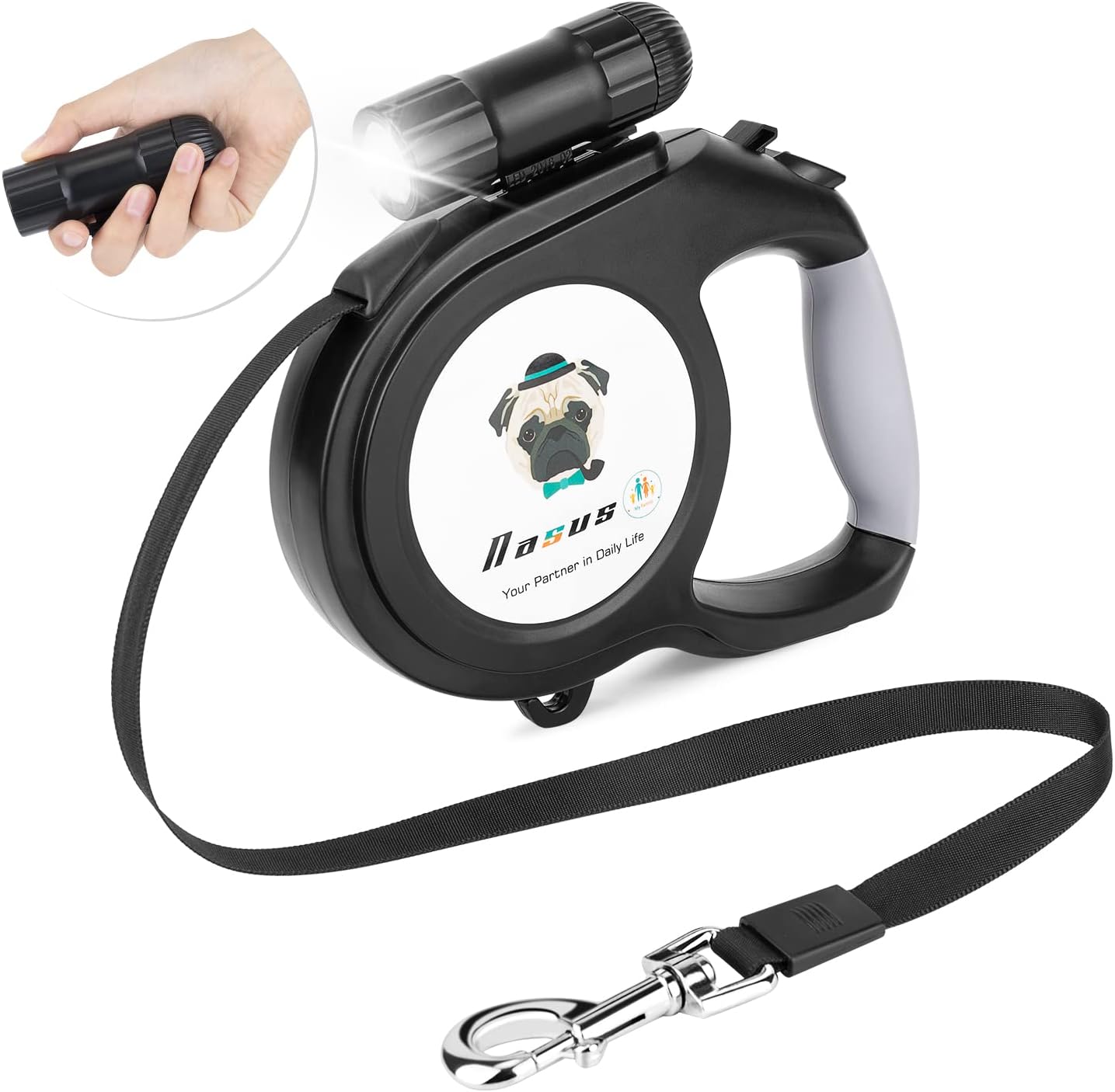 Nasus Retractable Dog Leash, 26ft Pet Walking Leash with 9 LED Detachable Flashlight for Medium Large Dog up to 100lbs, with Hand Grip One Button Brake & Lock and Hook (Black-N)