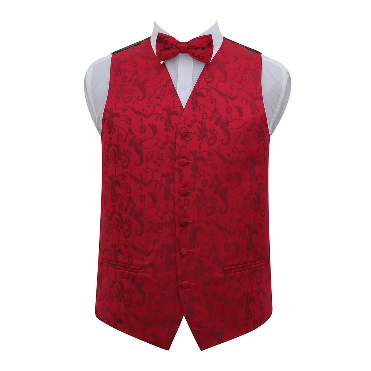 Dqt Men's Burgundy Floral Passion Jacquard Waistcoat & Pre-Tied Bow Tie Set (2Pc) - Wedding, Business & Formal - 44" 2XL