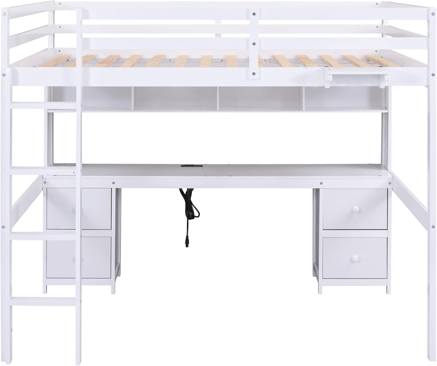 Full Size Loft Bed with Desk, Storage Cabinets, Drawers and Bedside Tray, Multifunctional Full Beds with Plug Outlets & 2 USB Port, White