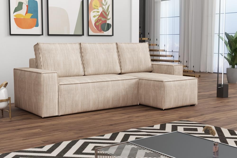 Ecksofa L Form Bergamo 240x142 cm mit Schlaffunktion und Bettkasten Couch Cord Schlafsofa Schlafcouch universale Seite klein Flur Sofa, 3 Sitzer Wohnlanschaft Cornersofa Bettsofa Kissen beige