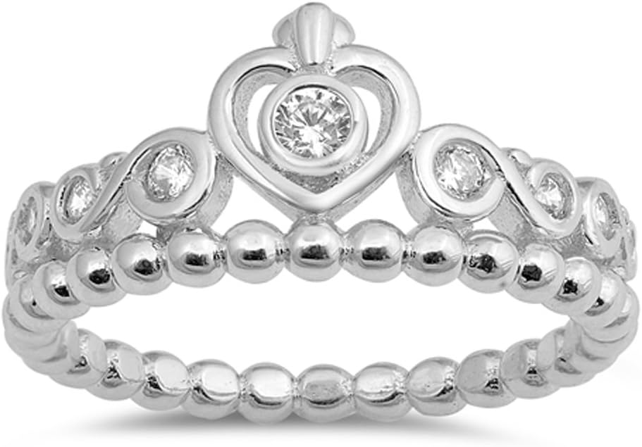 Clear CZ Heart Tiara Crown Promise Ring New .925 Sterling Silver Band Sizes 5-10