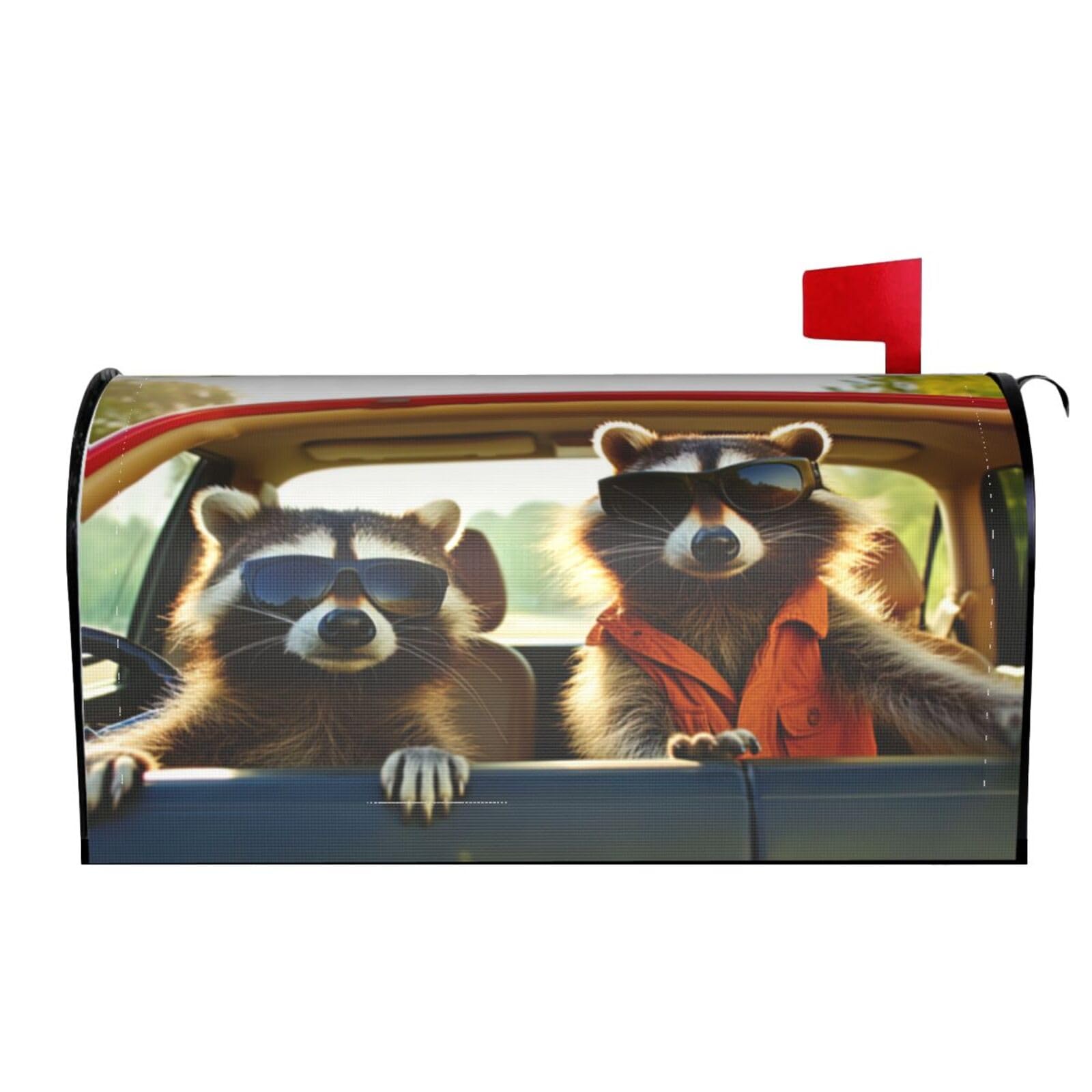 Raccoon Wearing Sunglasses Driving Car 04 Mailbox Covers Magnetic Wraps Post Letter Box Cover Garden Home Decor