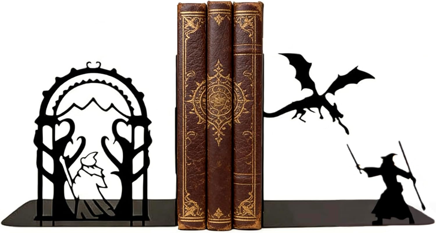Dragon and Wizard Fantasy Bookends for Shelves, Heavy Duty Metal Book Ends, Unique Gothic Decor Book Stopper for Book Lovers