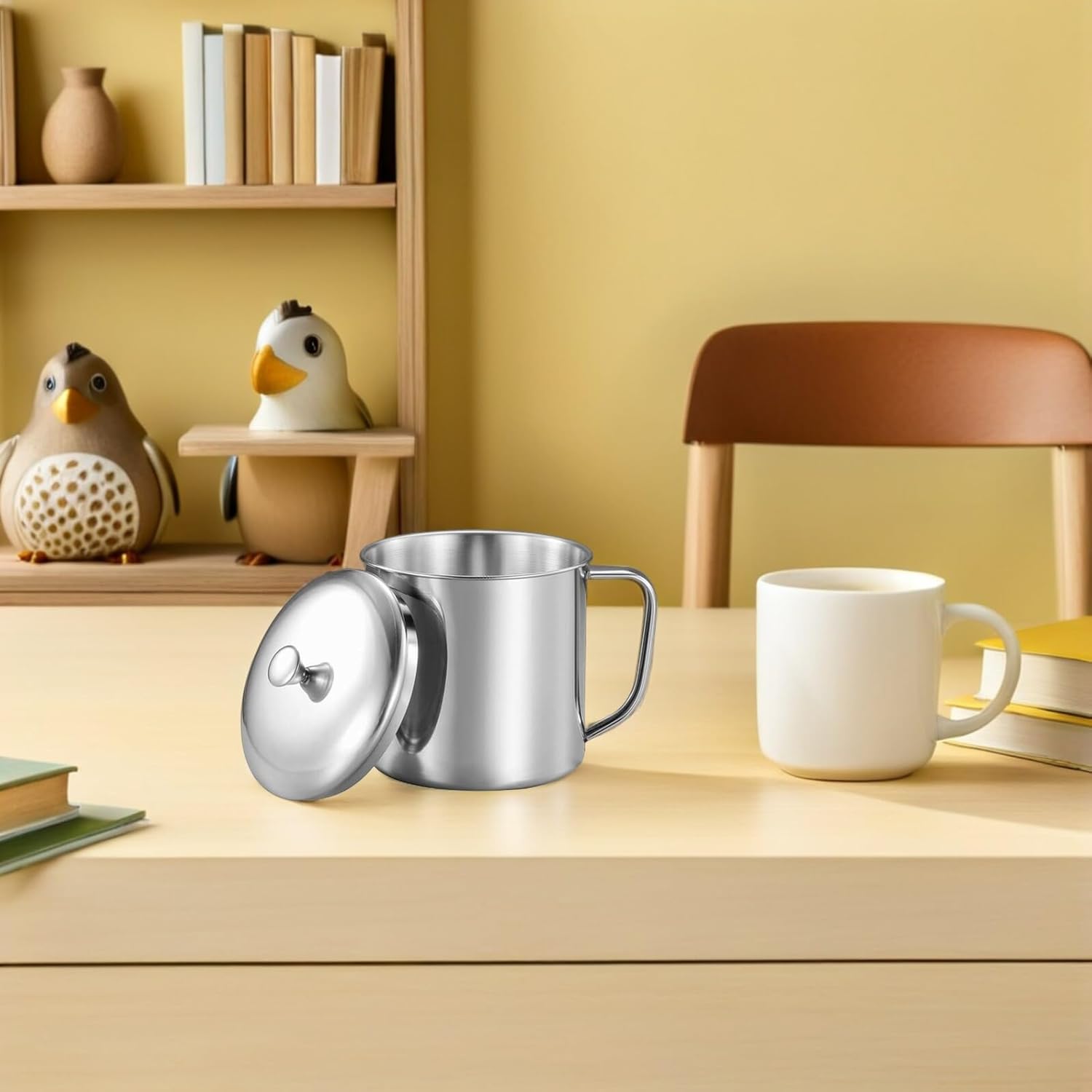 Amosfun Stainless Steel Water Cup with Lid and Handle 4.33X3.14 Inch Metal Milk Mug for Coffee Tea Home Office Travel - Image 7