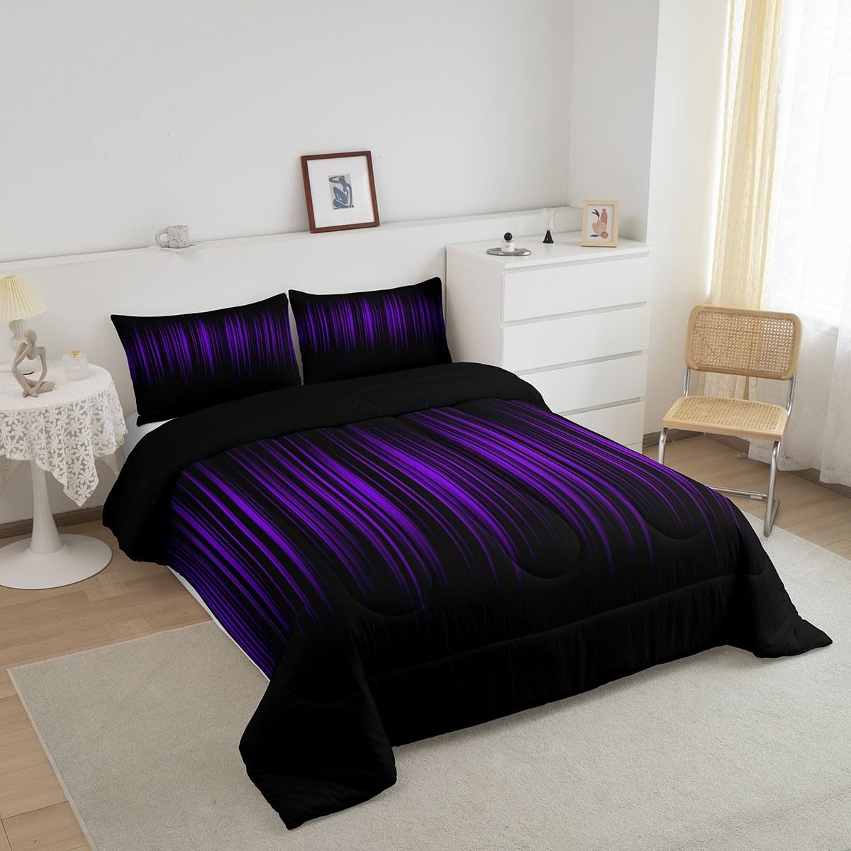 Feelyou Purple and Black Comforter King Size for Boys Girls, Abstract Ombre Comforter Set Gradient Purple Lines Bedding Set Microfiber Quilt Set