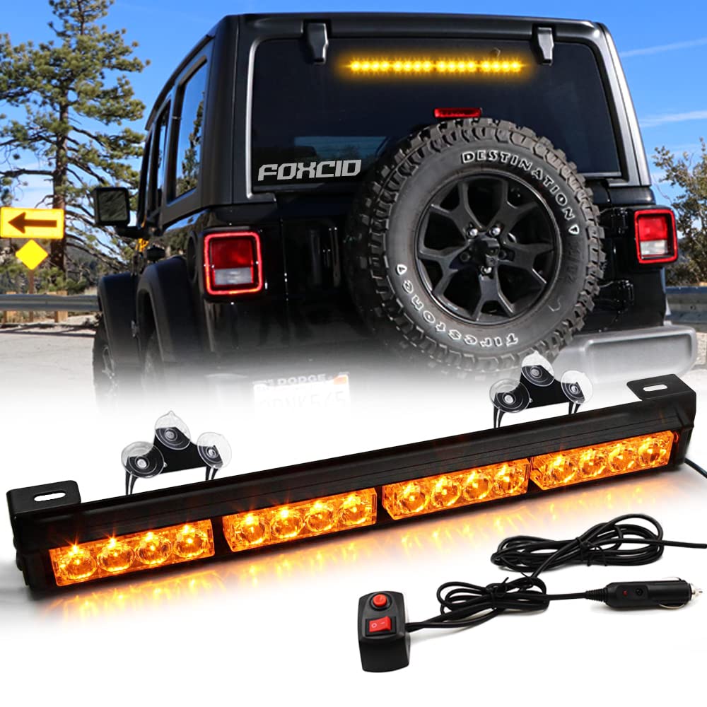 FOXCID 16 LED 18" Amber Yellow 13 Modes Emergency Warning Traffic Advisor Vehicle LED Strobe Light Bar with Large Suction Cups and Cigarette Lighter