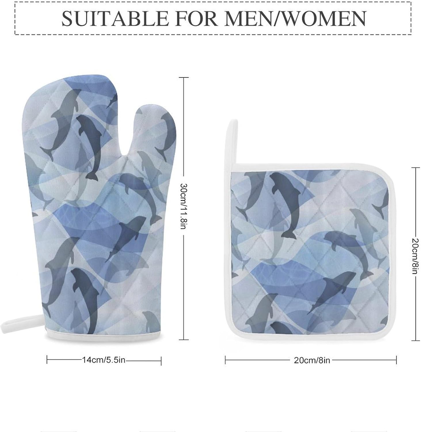 Dolphin Fish Pattern Oven Mitts and Pot Holders 4Pcs Set Heat Resistant Cooking Mitts Hot Pads