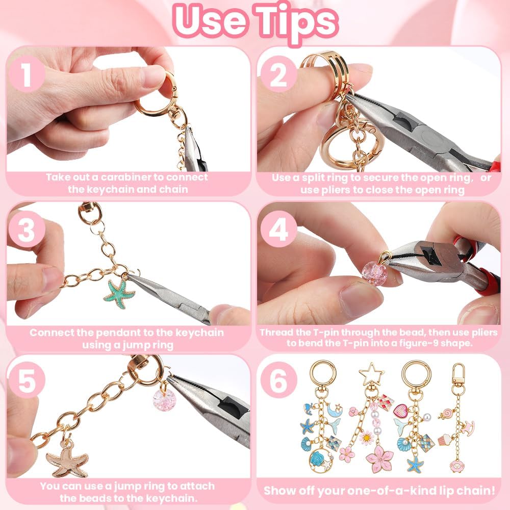 JOICEE 585Pcs Charms lip Gloss Keychain Making Kit, DIY Jewelry Crafts Making Kit with 192 Enamel Pendants 30 KeyChain Hooks 30 Chains and 333 Accessories Tools for Girls Adults Birthday Holiday Gifts