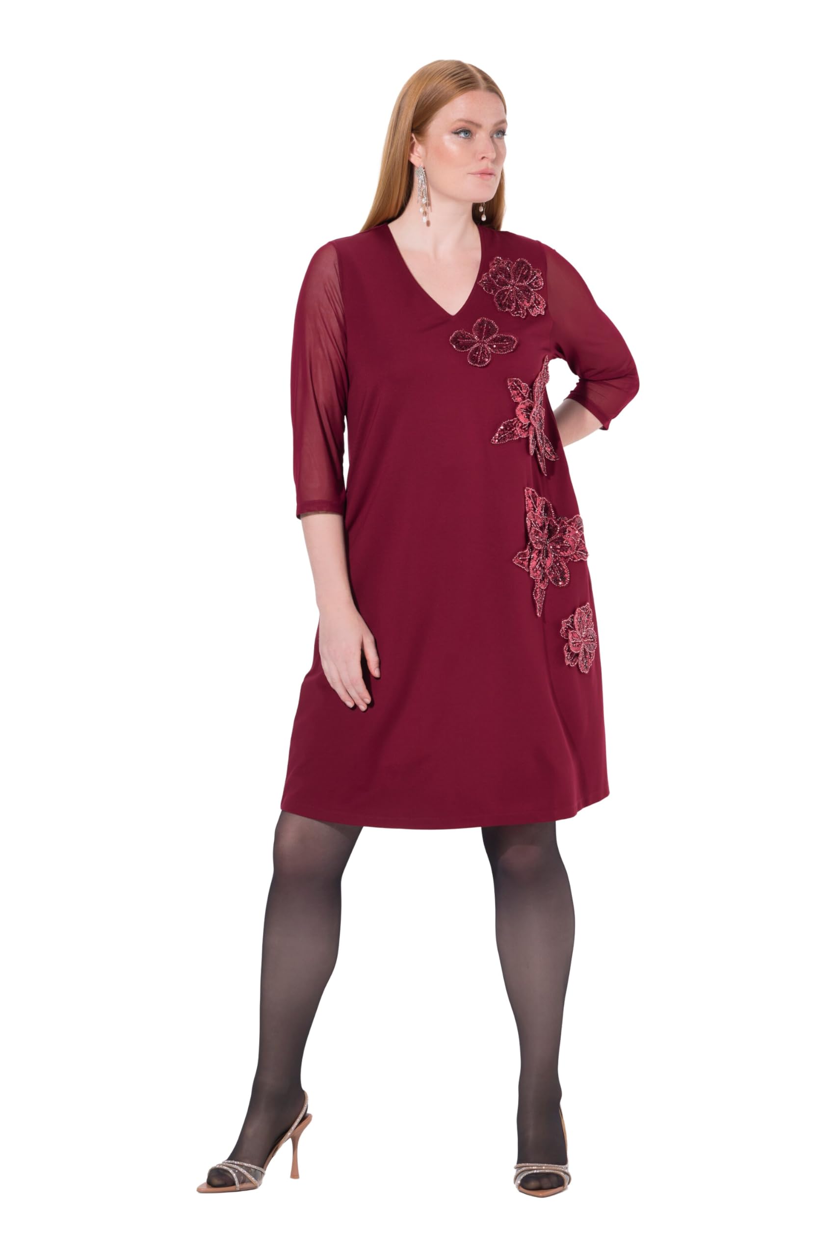 Ulla Popken Damen große Größen Übergrößen Plus Size Punto-Kleid, Pailletten-Blüten, V-Ausschnitt, 3/4-Arm 842682