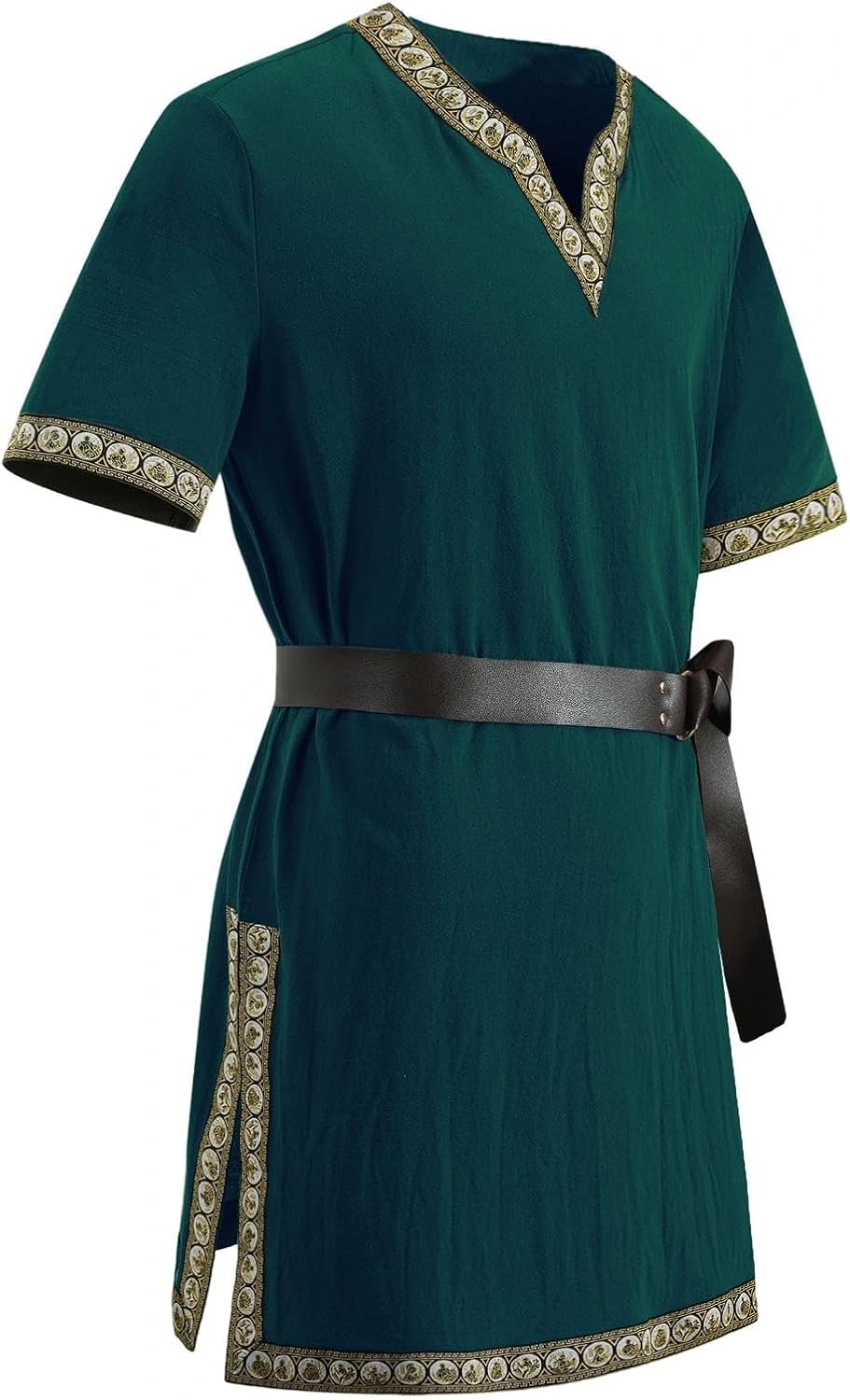 Medieval Tunic Men Renaissance Shirt Pirate Short Sleeved Tops V-neck Viking Knight Warrior LARP Costume(Dark Green, XL)
