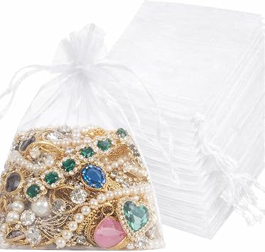 Muexoee 50PCS White Transparent Mesh Organza Bags, Drawstring Jewelry Bags, Candy, Gift Bags, Perfect for Gift Wrapping, Festive Occasions Birthday and Parties 10x15CM