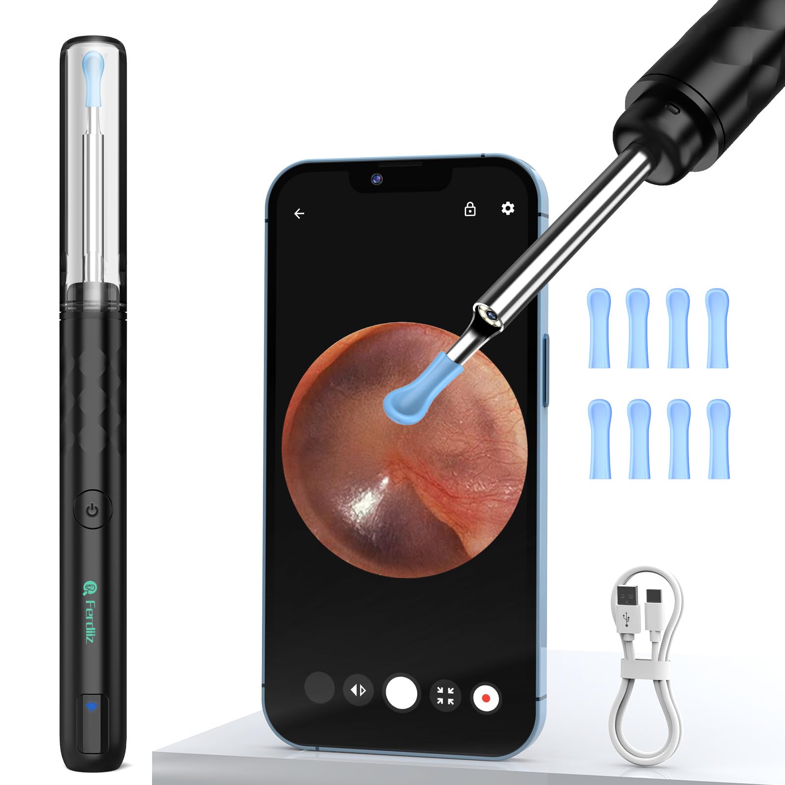 Ear Wax Removal Tool Camera,Ferdiiz Ear Cleaner with 1080P Camera, Ear Cleaning Kit with Lights, Wireless Otoscope with 4 Reusable Soft Ear Picker for iOS, Android Phones,Adults,Kids,Pets