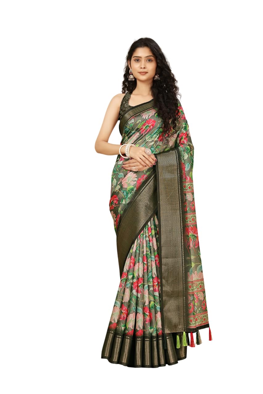Floral Digital Print Dola Silk Saree with Blouse Piece and Zari Border| Perfect for Festive Occasions | Dola Silk | Silk Saree | Cotton Silk Saree | Silk Saree Collection.