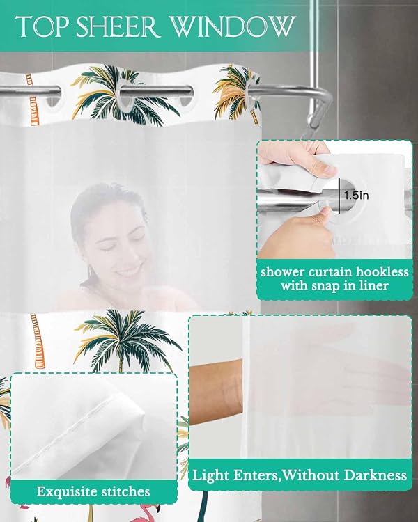BOSIJOY No Hook Shower Curtain with Snap in Liner Set,Watercolor Palm Trees Flamingo Waterproof Fabric Shower Curtains Tropical Plant on White Double Layer Bath Curtain for Bathroom,72Wx72L by BOSIJOY - Image 5