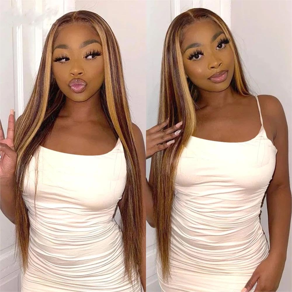 32 Inch Ombre Lace Front Wig Human Hair 13x4 HD Lace Frontal Real Virgin Human Hair Wig 4/27 Colored Honey Blonde Straight Wigs Human Hair Pre Plucked Glueless Pre Plucked with Baby Hair for Women