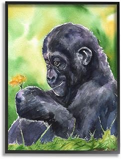 Stupell Industries Baby Gorilla Animal and Flower Green Watercolor Painting