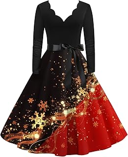 Christmas Dress,Women Christmas Dress Print V-Neck Long Sleeve Retro A Line Fall Cocktail Party Dresses with Belt