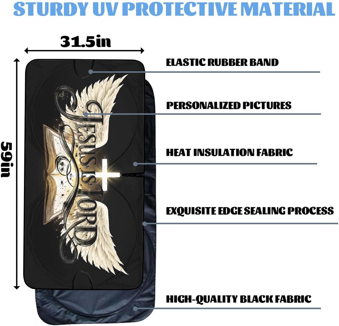 Jesus Cross Car Front Window Sun Shield Christian Faith Bible Angel Wings Front Window Car Sun ​Shade Windshield Rays Sun Shade Visor Protector for Car Sedan Truck SUV Accessories 59" L x 31.5" W