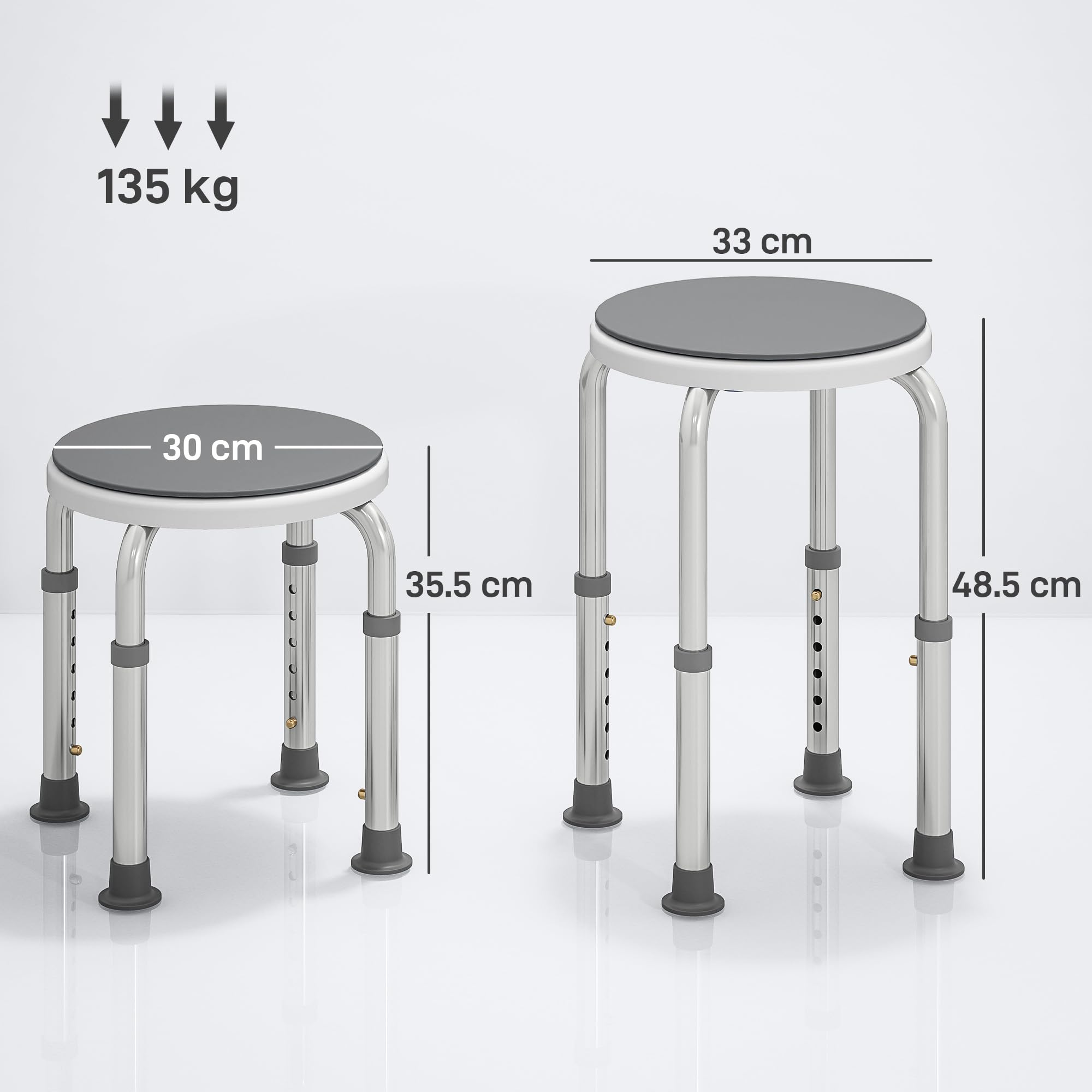 HOMCOM 360° Asiento Giratorio Taburete Ducha Altura Ajustable Gris | Silla de ducha, marco de aluminio, pies antideslizantes, soporte seguro, asistencia en el hogar