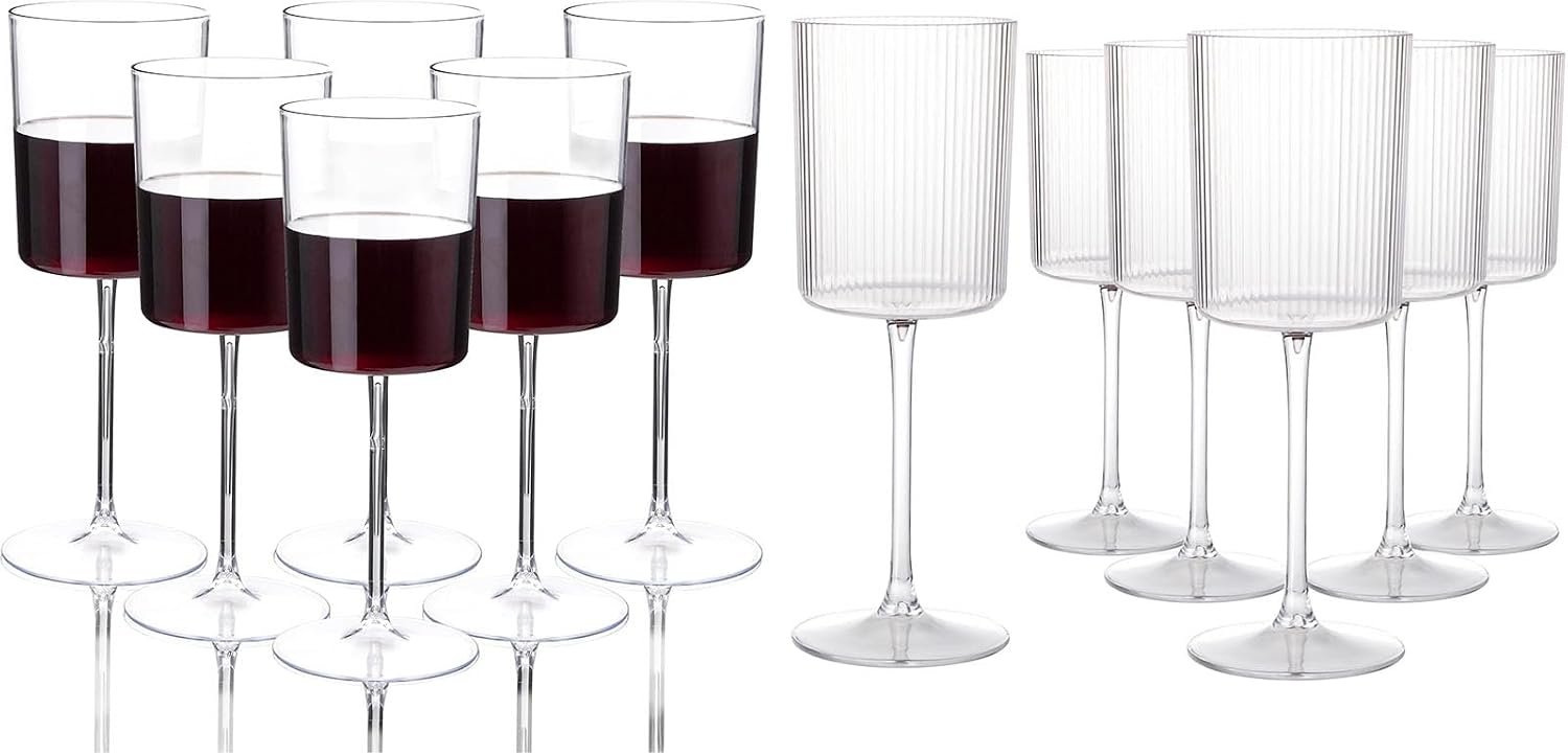 Ciaell 12 Pack Clear Plastic Wine Glasses and 12 PCS Plastic Ribbed Wine Glasses for Thanksgiving & Parties & Weddings & Poolside & Toasting & Outdoors