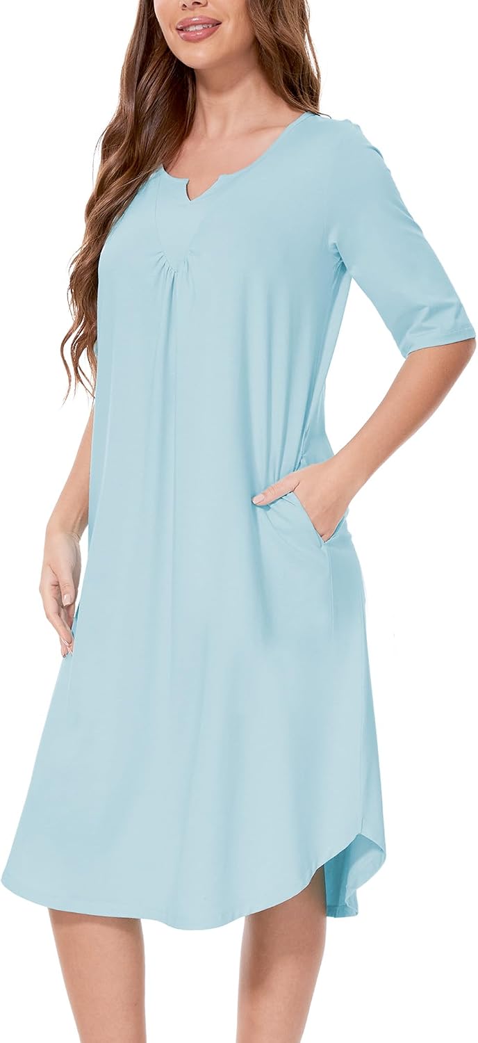 GYS Womens Long Nightgowns with Pockets Half Sleeve Night Shirts Sleepwear Soft Ladies House Dress Sleep Dress