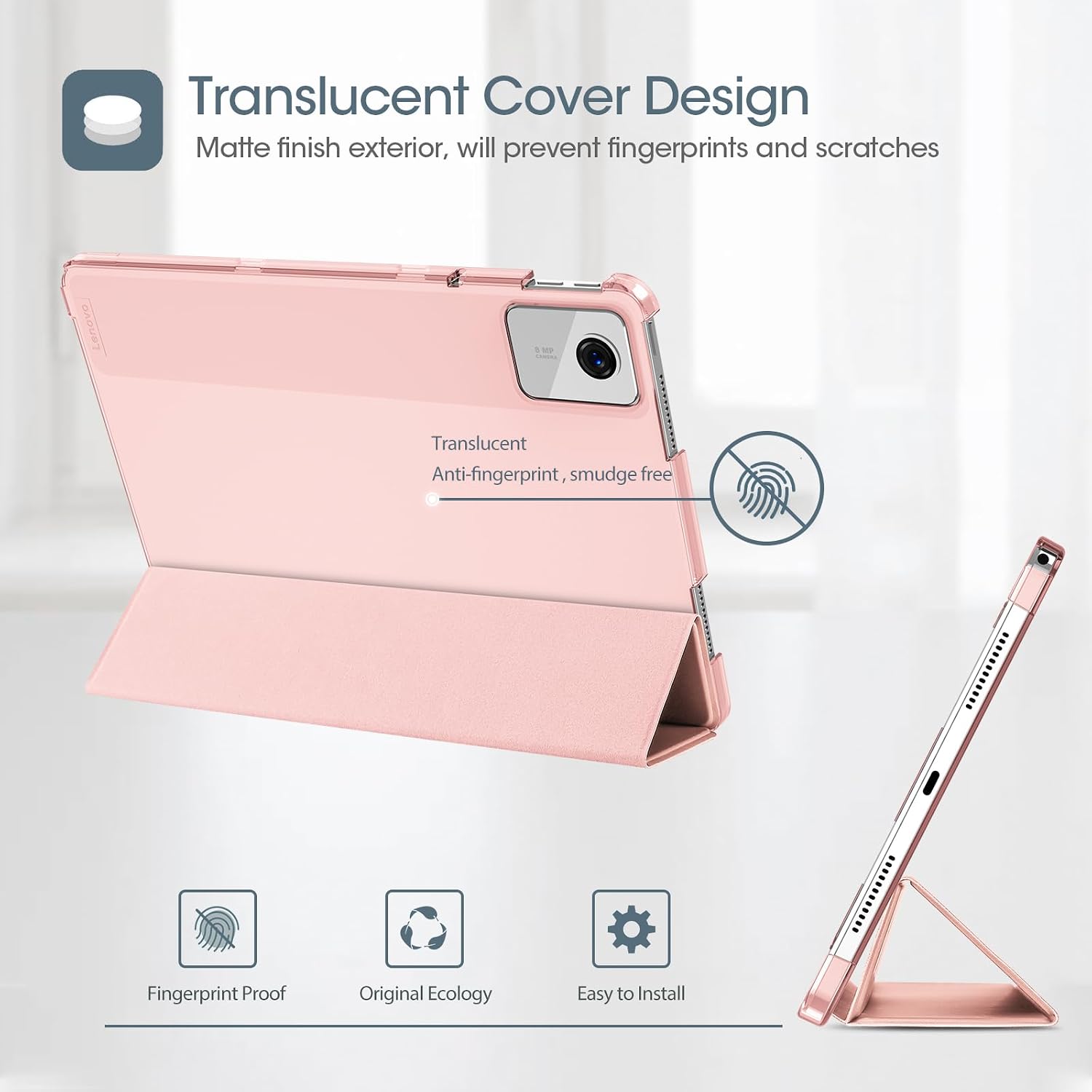 ProCase Smart Case for Lenovo Tab M11/Tab K11 LTE 11" 2024 TB330FU, Lightweight Stand Tri-Fold Hard Shell Protective Tablet Cover Translucent Back Case Support Auto Wake/Sleep -Lightpink image 2