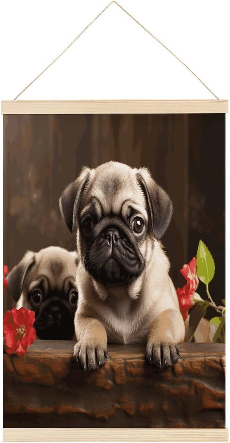 Puppys Pug Magnetic Poster Hanger Frame Wood Pictures Frame Painting 23.6x15.7 Inch Canvas Art Decorative Painting for Photos Pictures Maps Scrolls Prints