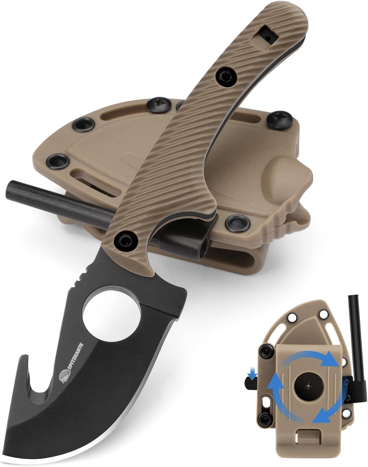 Small Hunting Knife HO-YN, Compact Fixed Blade Knife with Gut Hook, Rotating Clip & Whistle for Fishing & Outdoor (Khaki)