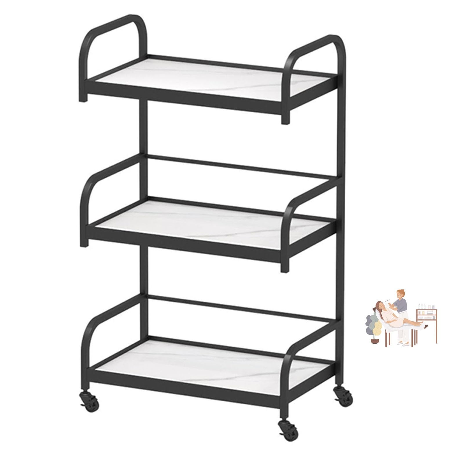 Elegante carrito de almacenamiento de 3 niveles con ruedas universales y reposabrazos, marco de hierro que ahorra espacio, separadores de tabla ecológicos para una fácil nización (blanco y negro)
