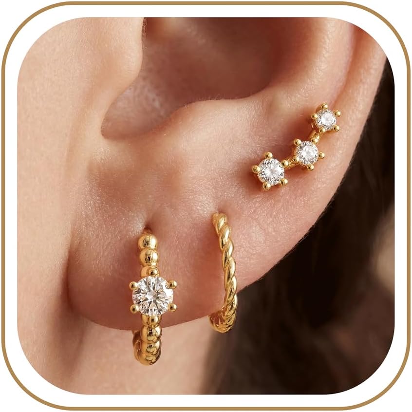 3 Pairs Gold Green Huggie Earrings for Women Stackable, Small Dainty Cartilage Helix Hoops & Hypoallergenic Earring Set, Cute Western Trendy Fashion Jewelry Gifts