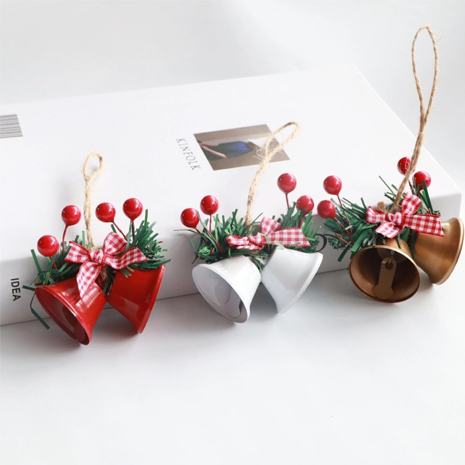 2pcs Christmas Gold Bells, 2.7-inch Metal Golden Jingle Bells with Berry Tree Ornaments, Suitable for Christmas Tree Decorations and Festive Decor. (Red + Green)