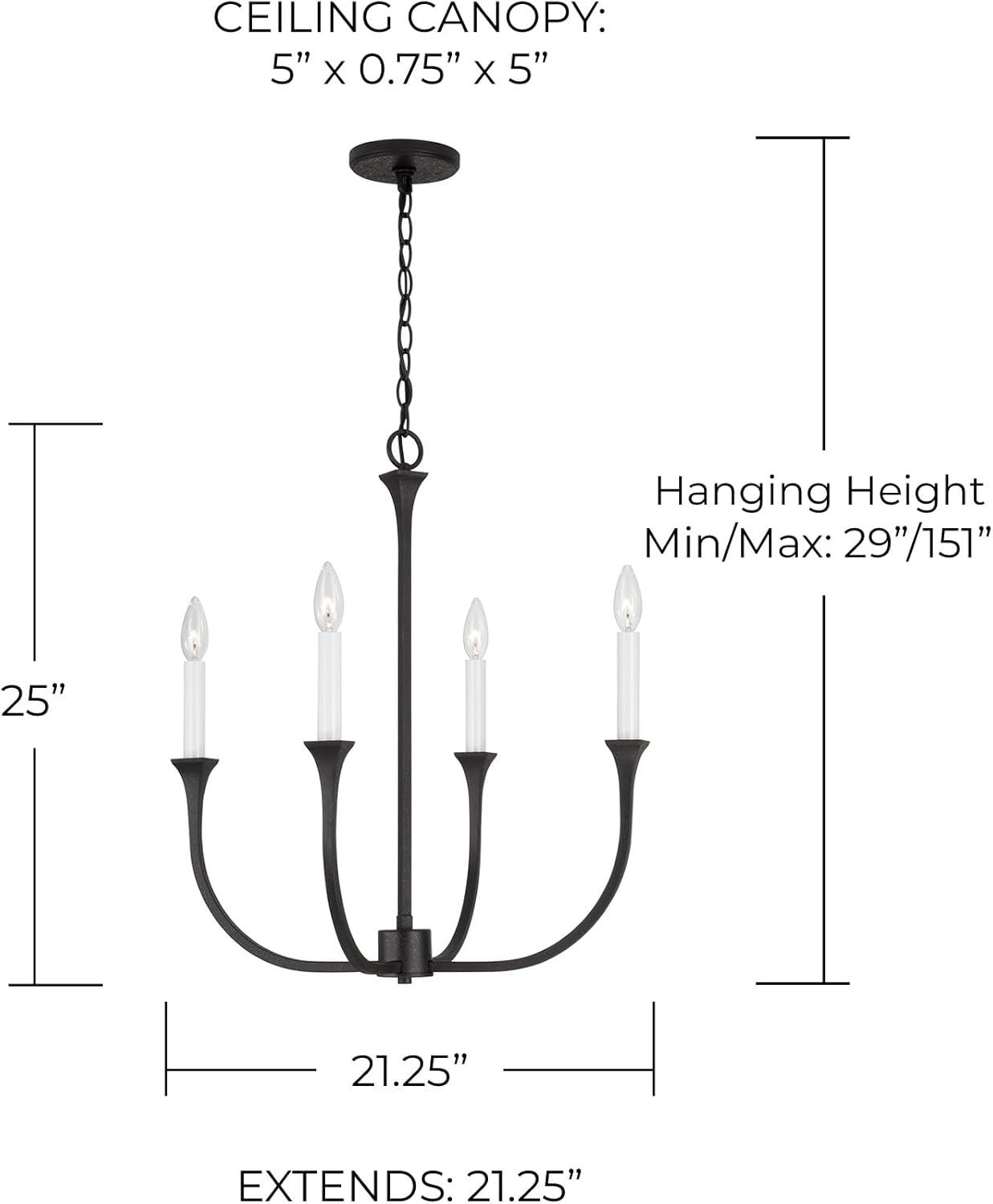 Capital Lighting 452341BI Decklan Transitional Minimalistic Industrial Candle Chandelier, 4-Light 240 Total Watts, 25" H x 21" W, Black Iron