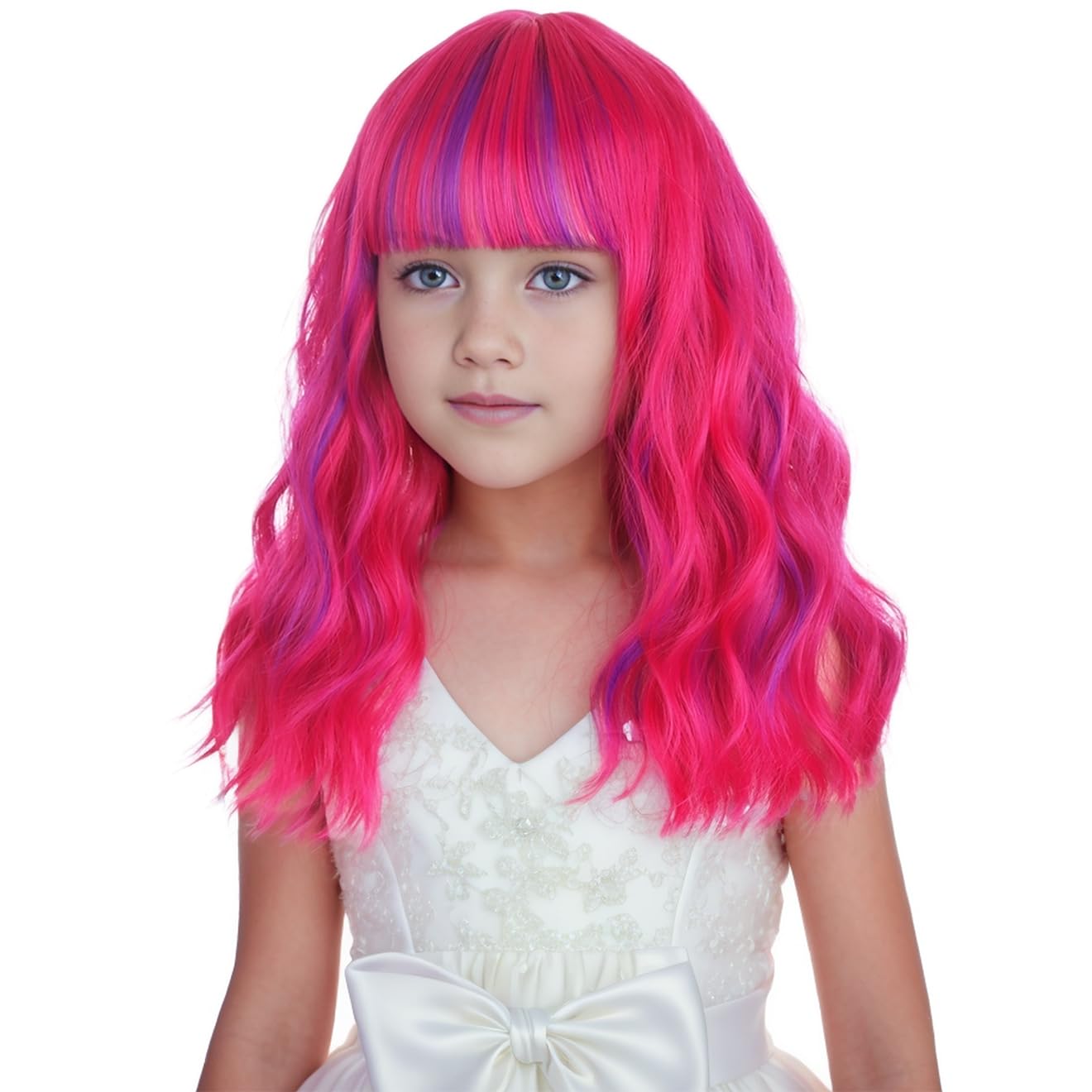 Kids Hot Pink Mixed Purple Wig Child Short Pink Purple Wig with Air Bangs Purple Pink Wavy Curly Wigs for Girls Heat Resistant Synthetic Wigs with Hairnet