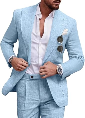 Mens Linen Suit 2 Piece Regular Fit Casual Linen Tuxedo Set Summer Beach Wedding Suits for Prom Party