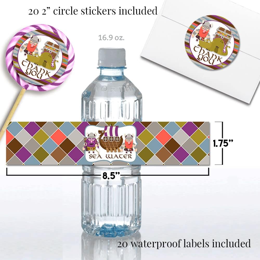 Amanda Creation Deluxe Viking Birthday Party Bundle Includes 20 Each of Invitations & Thank You Cards with Envelopes + 2 Sizes of Stickers, Mini Candy Bar Wrappers & Water Bottle Labels!