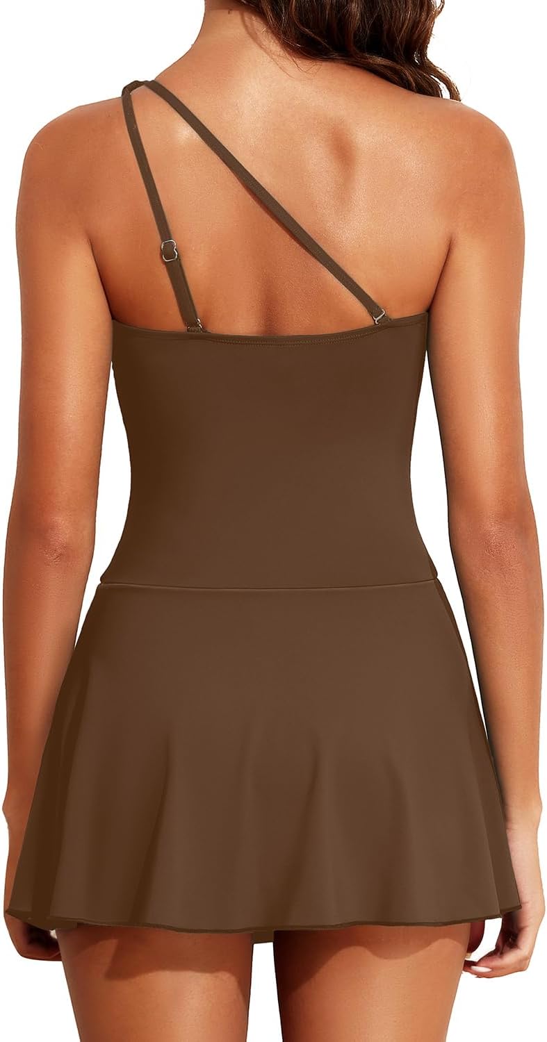 tempt me women one piece swim dress one shoulder swimsuit with skirt tummy control swimdress bathing suit medium brown