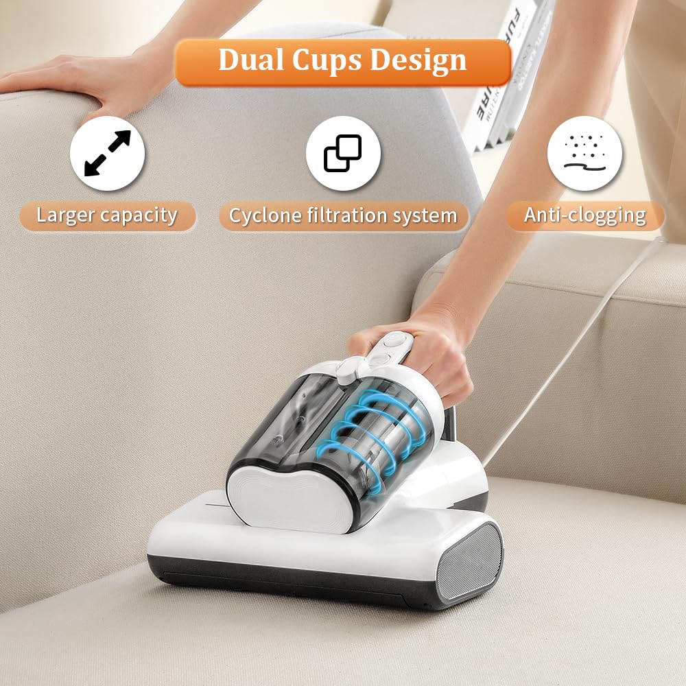 Laymi Aspirapolvere per materassi con luce UV-C da 450 W, potente aspirapolvere portatile da letto con spazzola a rullo ad alta battitura, vero filtro HEPA, doppio contenitore per la polvere grande XL