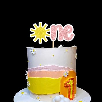 One Cake Topper First Birthday Gold and Rose Gold Glitter Sun Cake Topper 1st Birthday Party Cake Decorations Supplies