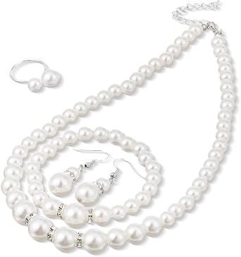 4 Pcs White Pearl Necklace Set Jewelry For Women Accessories Costume Jewelry Necklaces Hoop Earring Bracelet Ring Rhinestone Crystal Bridal Wedding Jewelry Sets Costume