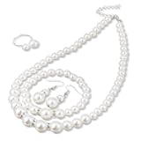 4 Pcs White Pearl Necklace Set Jewelry For Women Accessories Costume Jewelry Necklaces Hoop Earring Bracelet Ring Rhinestone Crystal Bridal Wedding Jewelry Sets Costume