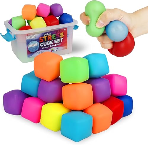 Paquete de 24 cubos de estrés – Mini juguetes sensoriales a granel para ansiedad para niños y adultos, juguetes esponjosos, recuerdos de fiesta y